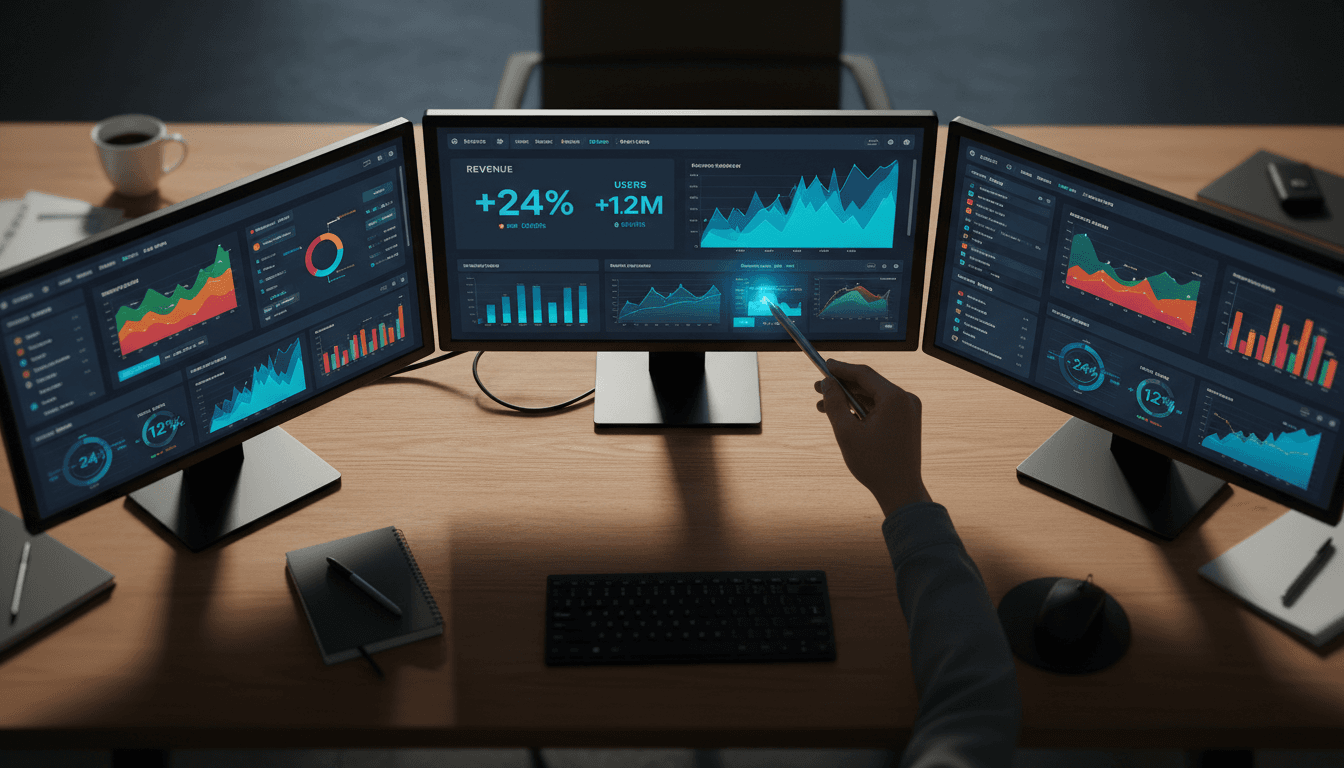 Professional displaying data analytics dashboard on computer monitor